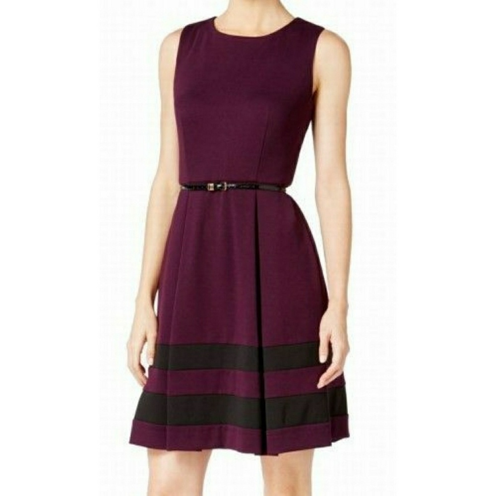 Calvin Klein Belted Pleated Ponte Striped Dress